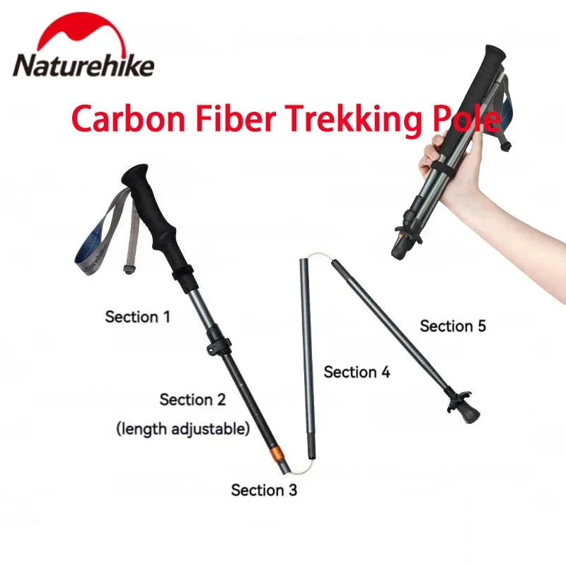 5-Section Folding Trekking Pole: Carbon Fiber and Aluminum Alloy Ultralight Walking Stick for Hiking and Climbing