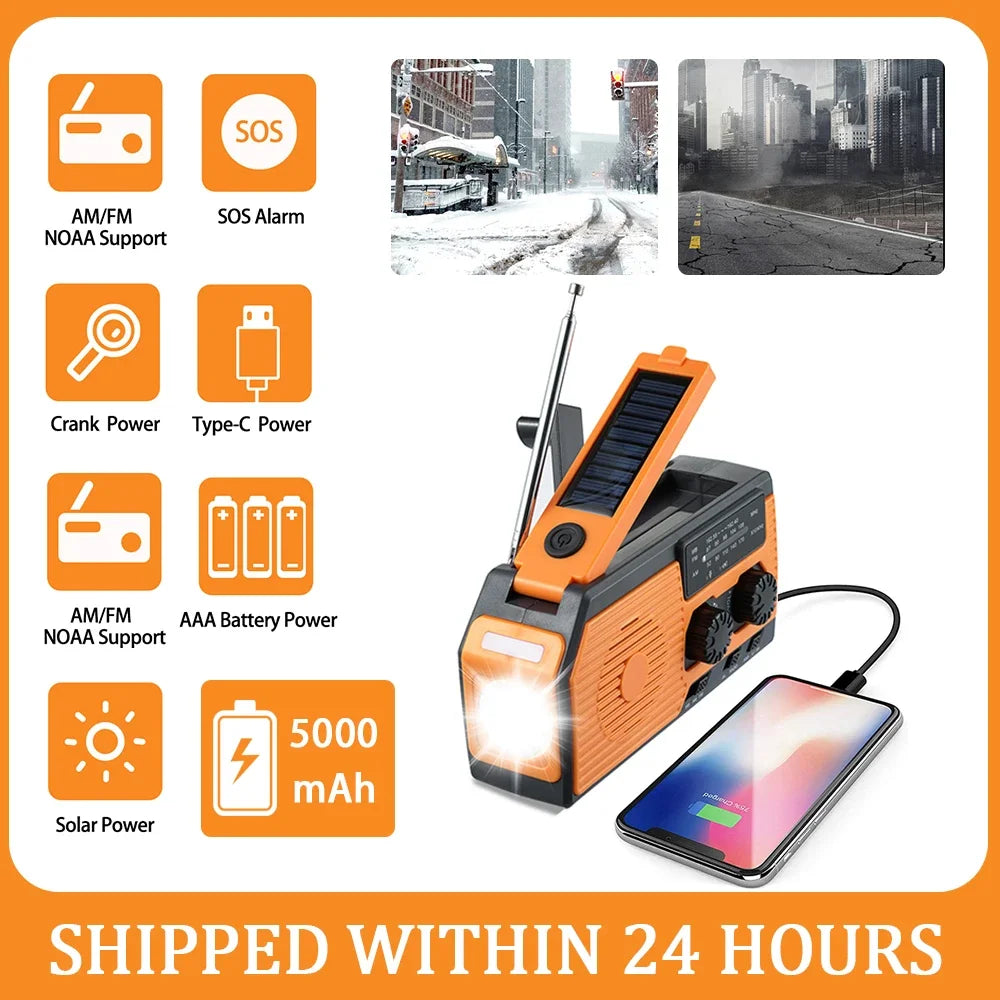 Portable Hand Crank Solar NOAA Weather Radio with AM/FM/WB, LED Flashlight, and 5000mAh Power Bank for Camping &
Trekking