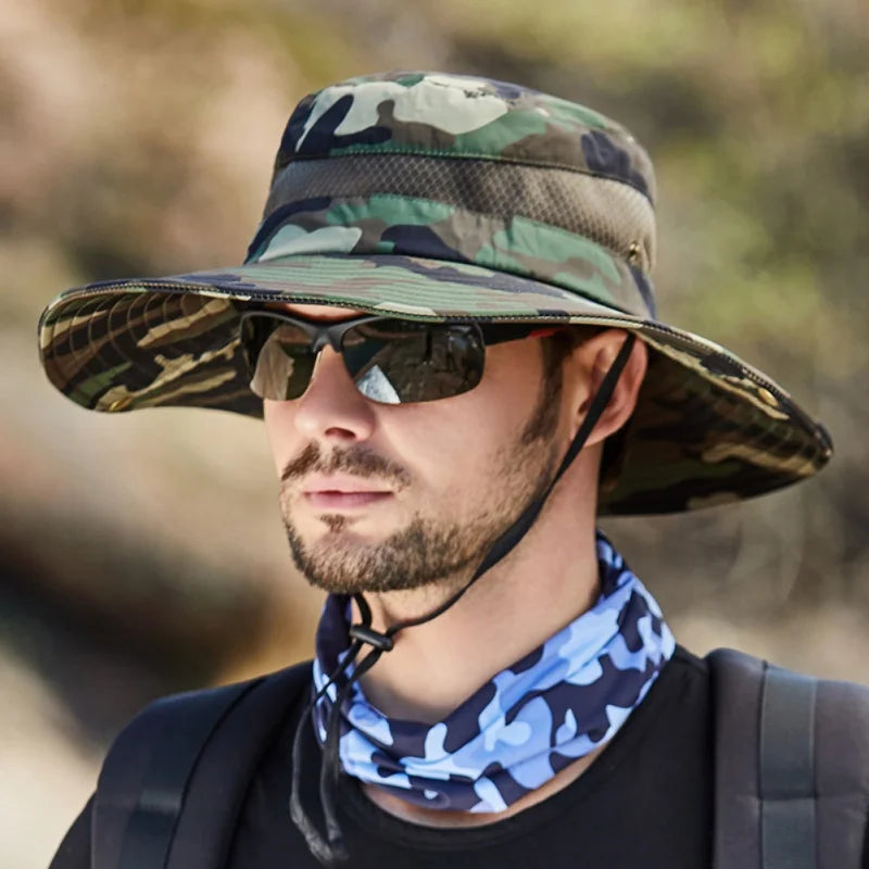 Summer Men's Breathable Sun Hat - Wide Brim UV Protect Fisherman Bucket Hat for Outdoor Activities