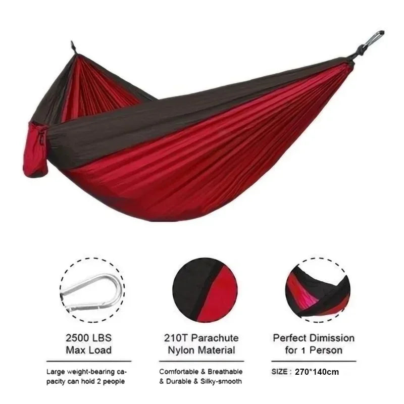 Single Person Portable Outdoor Camping Hammock - High Strength Nylon Parachute Fabric Hanging Bed