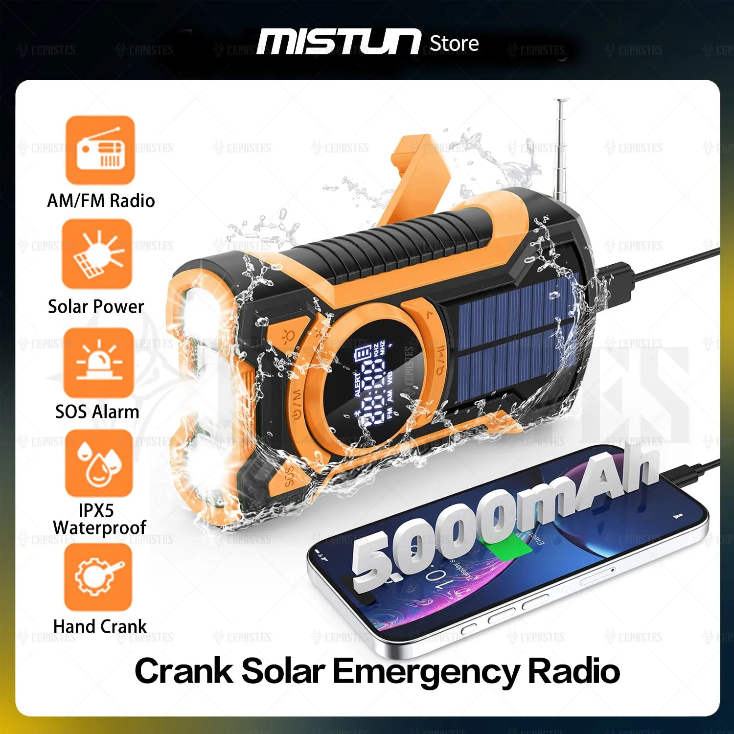 Emergency Waterproof Bluetooth Weather Radio with AM/FM/NOAA, USB Hand Crank Solar Charging, Flashlight, and SOS Alarm