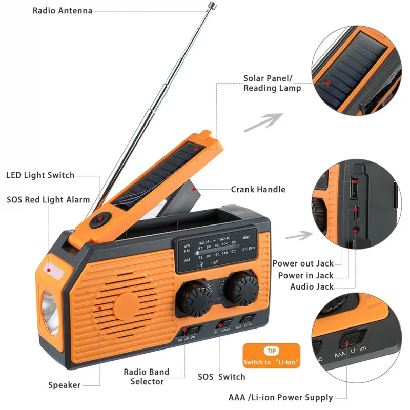 Solar FM Radio AM WB NOAA Radio Weather Emergency Power Bank 5000mA Hand Crank USB Charging Multifunctional Radio LED Flashlight