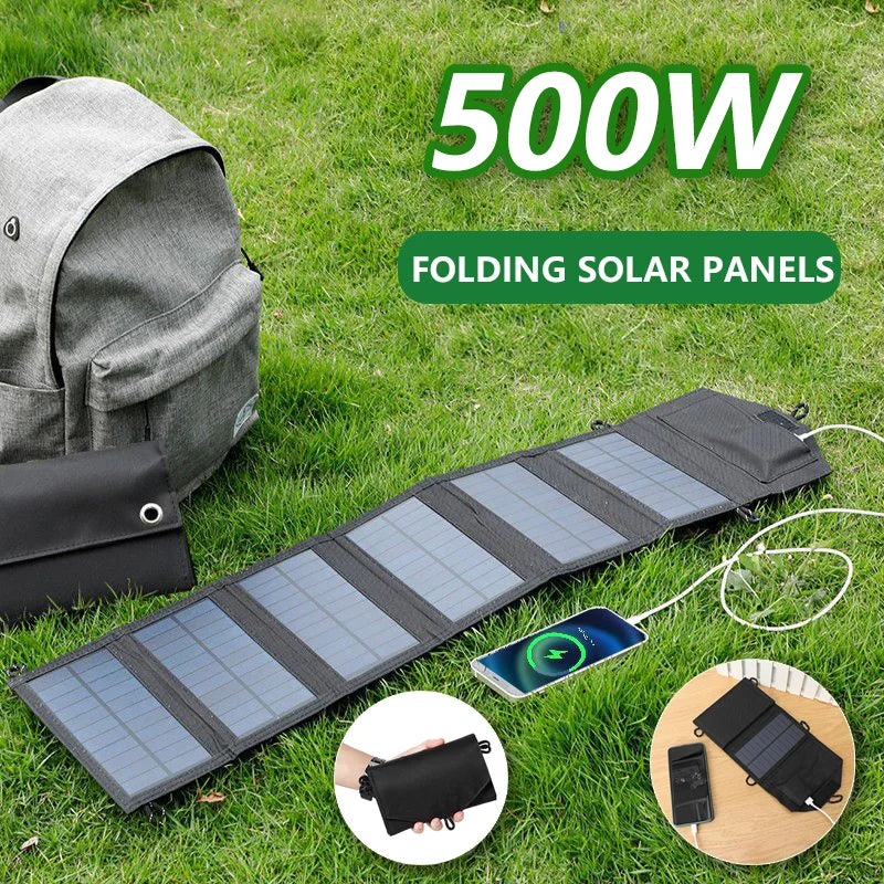 500W Portable Foldable Solar Panel Charger - USB 5V and DC Output for Phone Charging, Power Bank, Hiking, and Camping