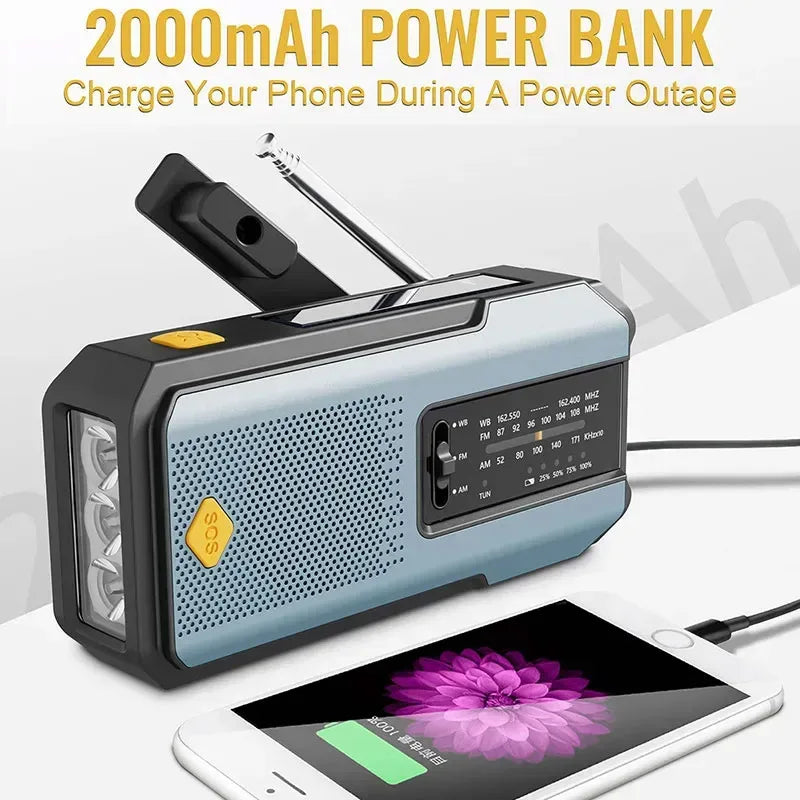 Multifunctional Solar USB Charging Radio - FM, AM, WB Emergency with LED Flashlight & Power Bank (2000mAh)