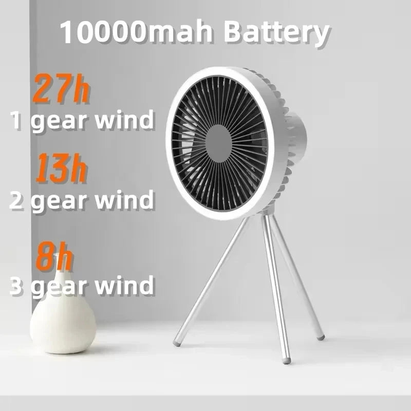 Camping Fan 10000mAh Rechargeable Desktop Portable Air Circulator - Wireless Ceiling Electric Fan with Power Bank LED Light Tripod