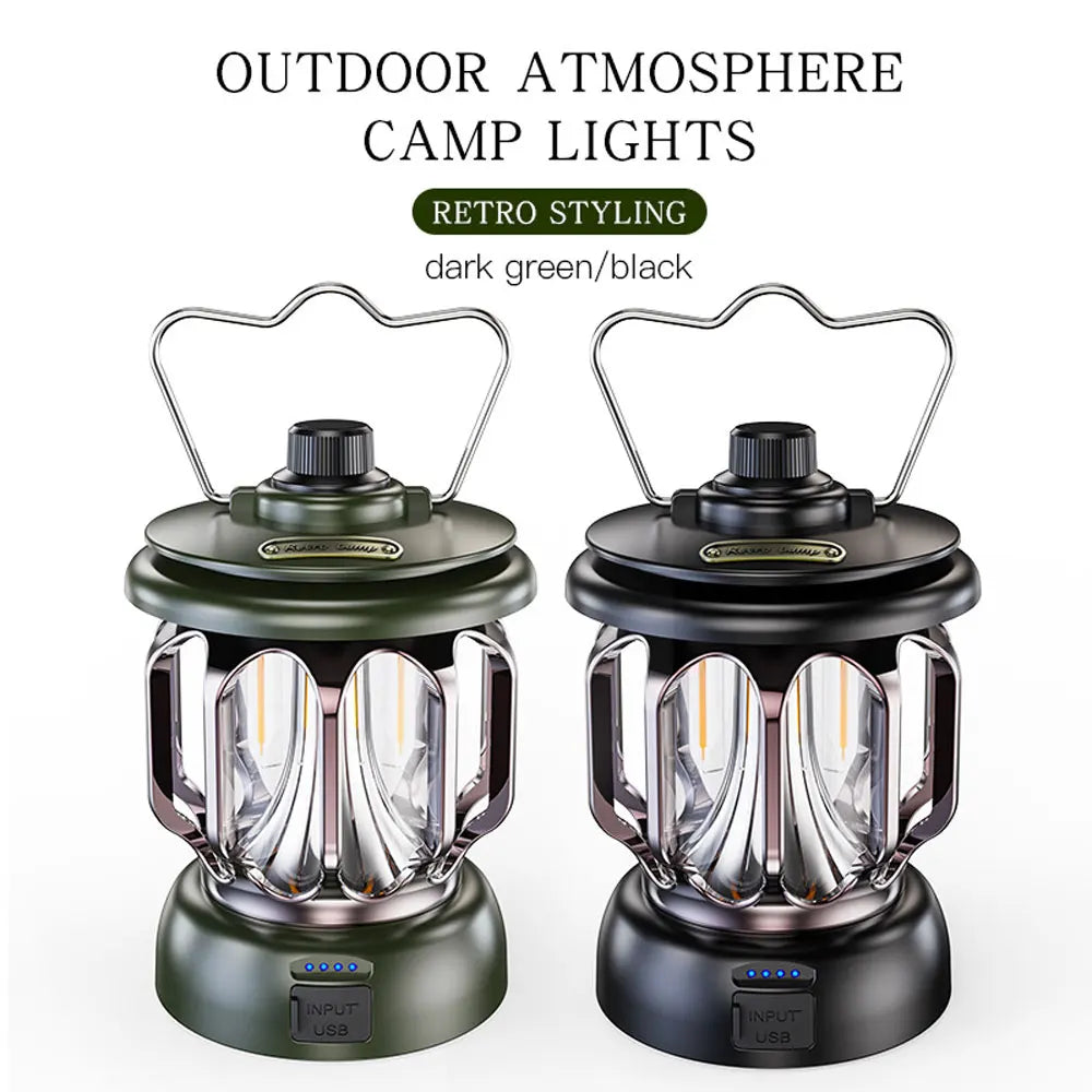 Retro Portable Camping Lantern - Rechargeable Dimmable LED Hanging Lamp