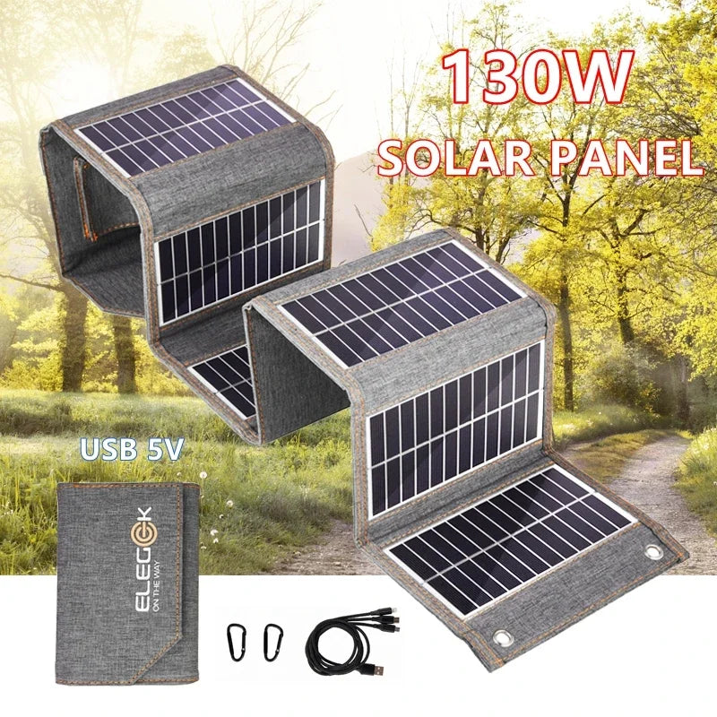 130W/80W Folding Solar Panel USB 5V Solar Charger | Portable Solar Cell Outdoor Power Bank for Camping and Hiking + 3 in 1 Cable