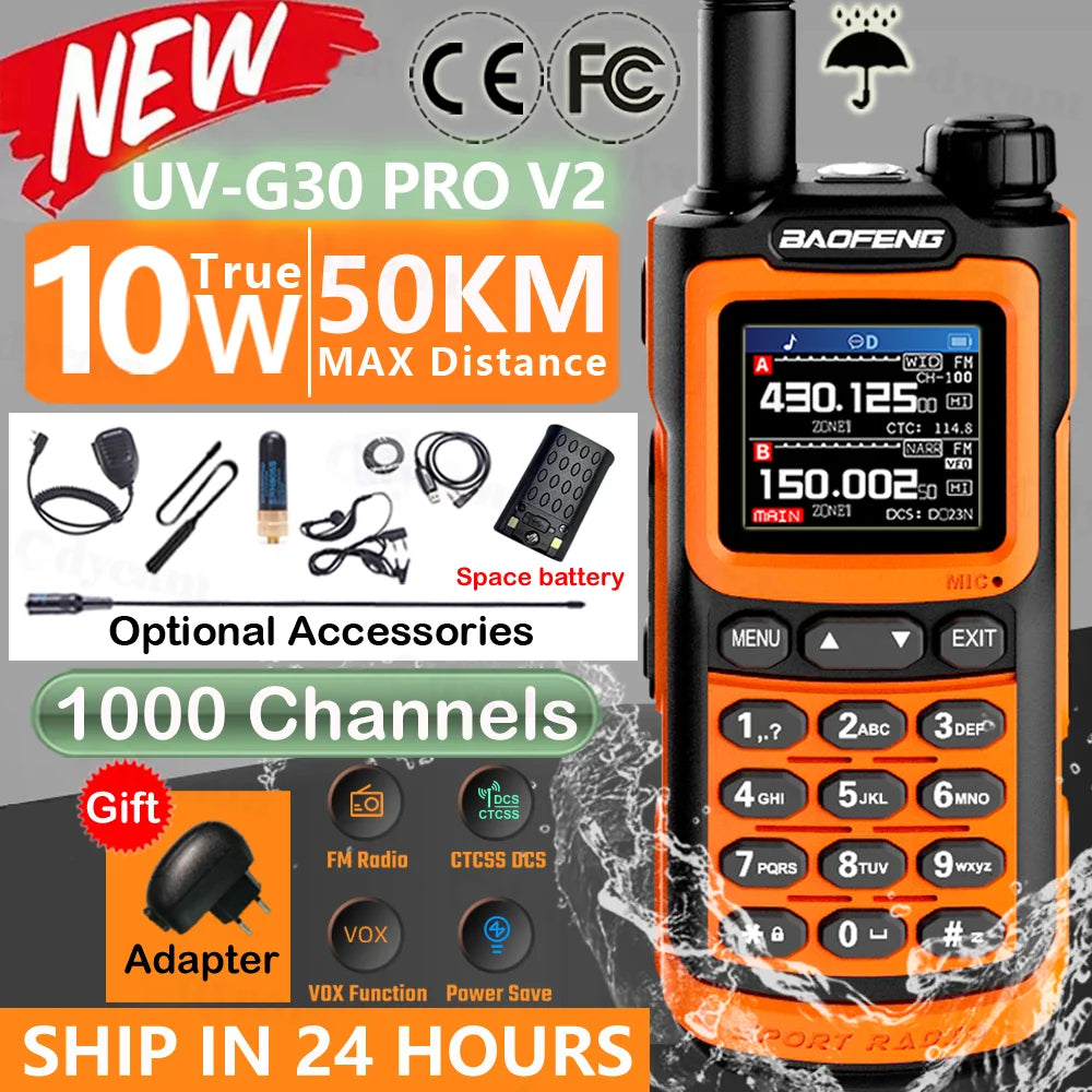 2024 UV-G30 Pro Walkie Talkie, Long Range, 1000 Channel, Portable Ham FM Radios, UHF VHF, USB-C Charge, Waterproof 2-Way Radio