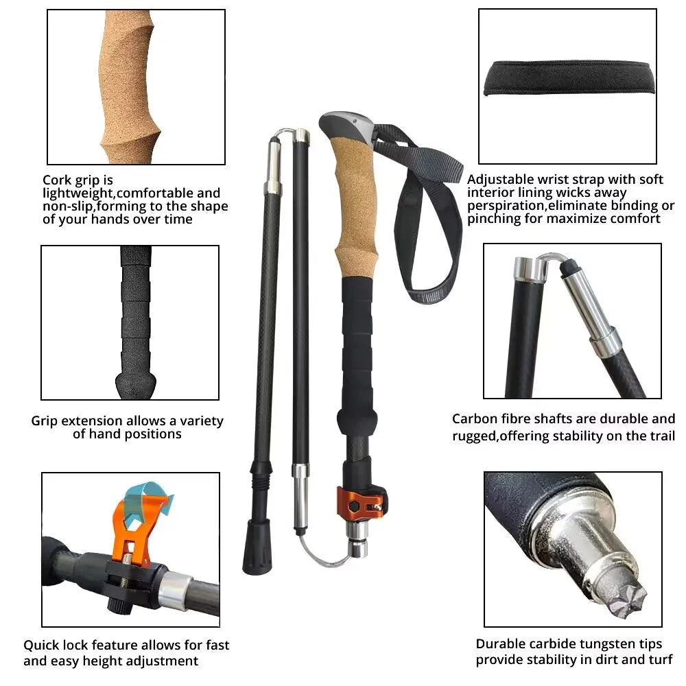 Ultralight Carbon Fiber Trekking Poles: Folding Hiking and Nordic Walking Sticks with Quick Flip-Lock